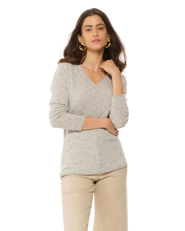 Women's Ultra-Light Cashmere V-Neck Sweater Light Grey by Monticelli Cashmere