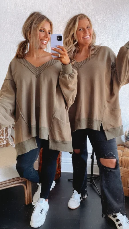 Live in it Oversized V Neck Sweatshirt, Olive