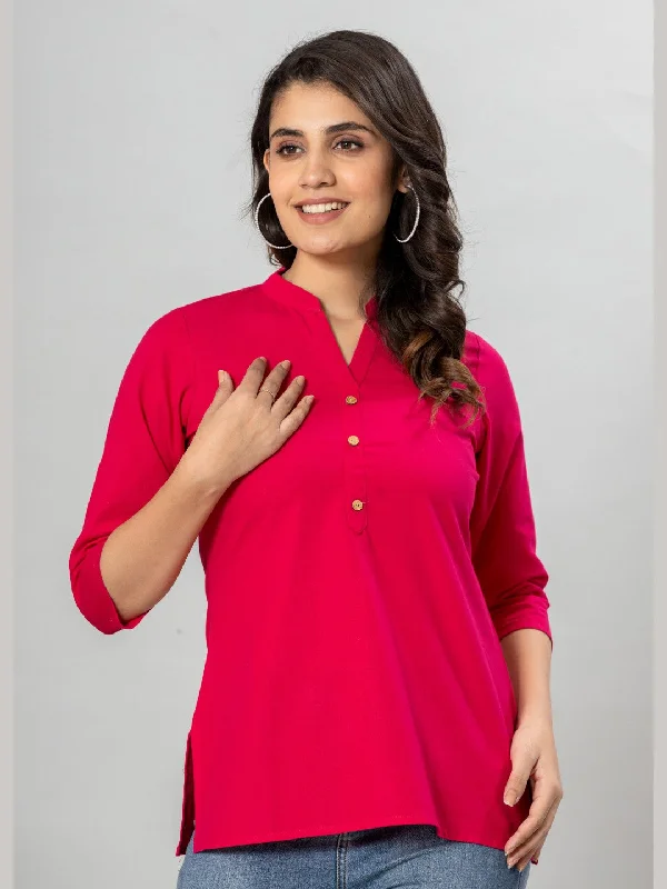 Solid Cotton Flax Women Top - Rani Pink