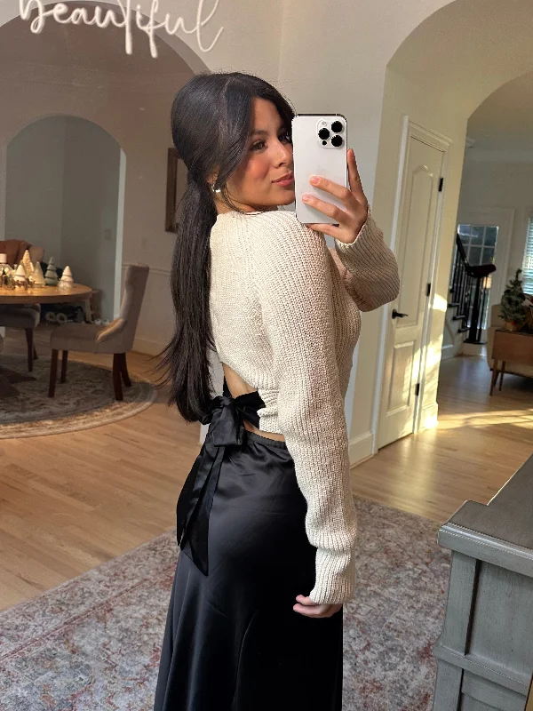 Taupe & Black Satin Bow Knit Top