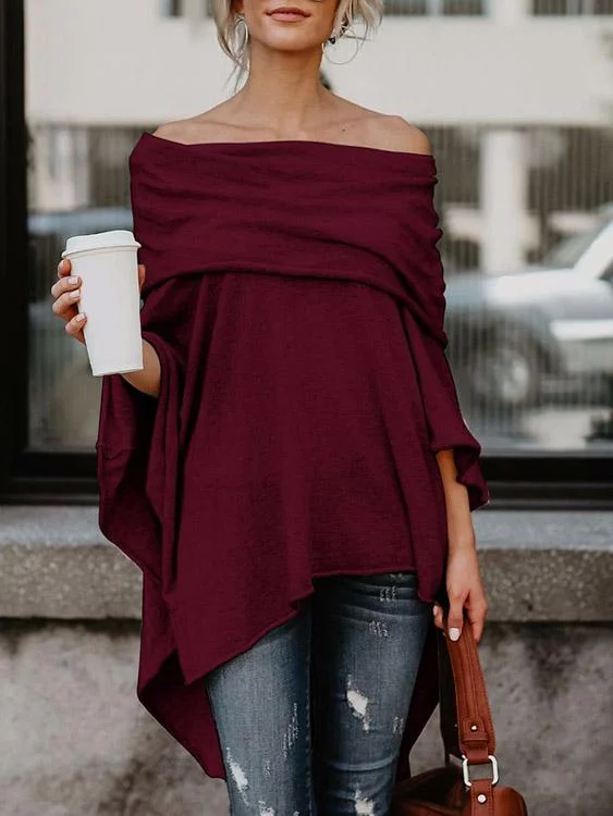 OEM ODM Off The Shoulder Cape 3/4 Sleeve Irregular Hem Burgundy Top