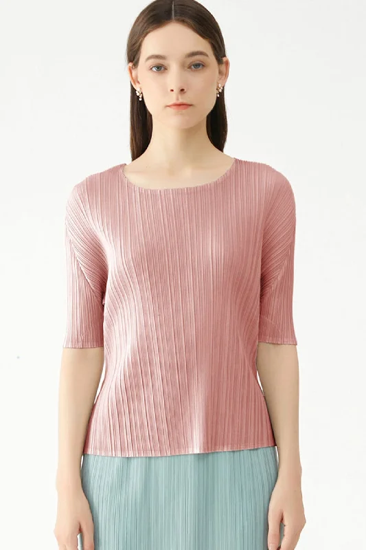 Solid Color Full Pleated Short Sleeve Top