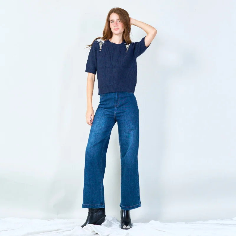 Embellished shoulder knit sweater wholesale