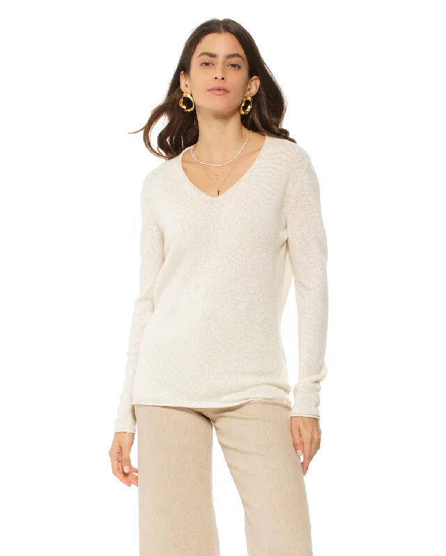 Women's Ultra-Light Cashmere V-Neck Sweater Milk White by Monticelli Cashmere