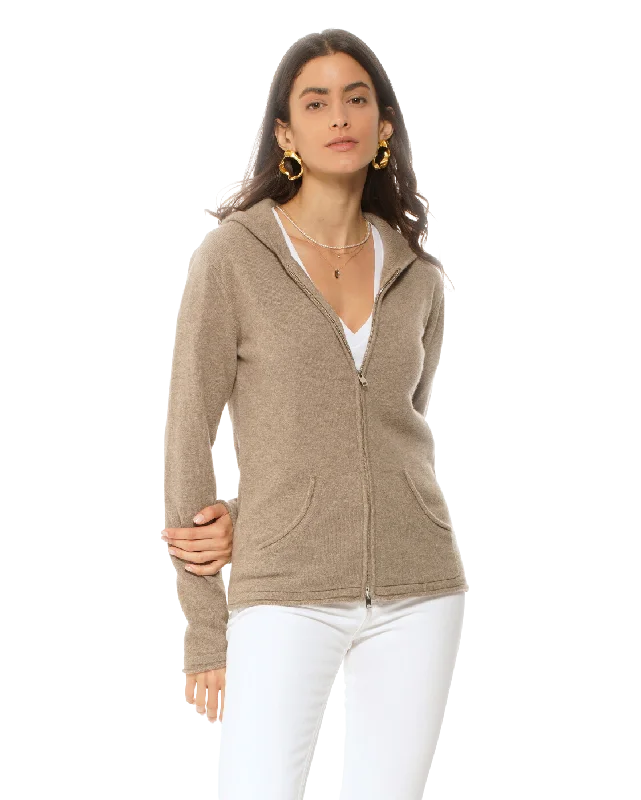 Women's Pure Cashmere Hoodie Sweater Taupe by Monticelli Cashmere