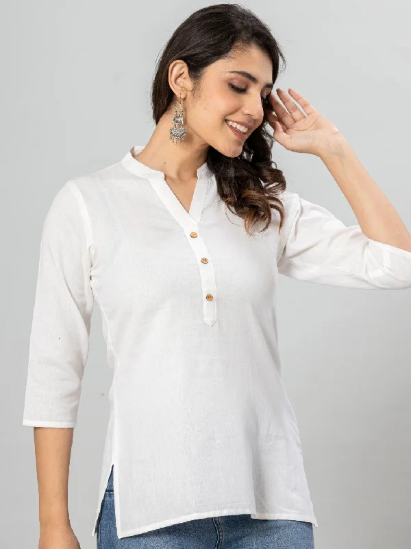 Solid Cotton Flax Women Top - White