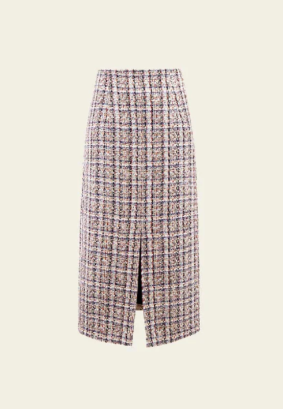 Mixed Tweed Lapel Calf Length Slit Skirt