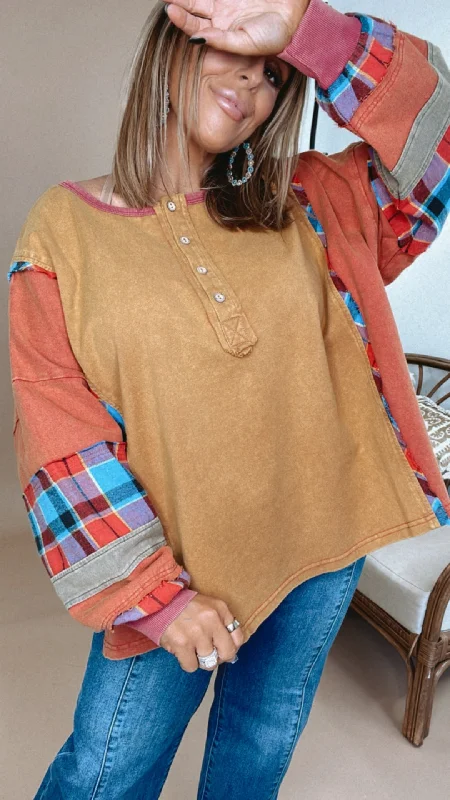 Vintage Days Patchwork Long Sleeve Top, Camel